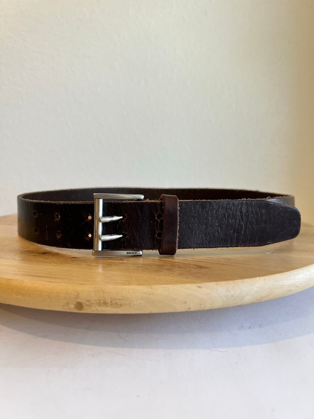 DKNY Brown Full Grain Genuine Leather Silver Double Buckle Belt Size Medium